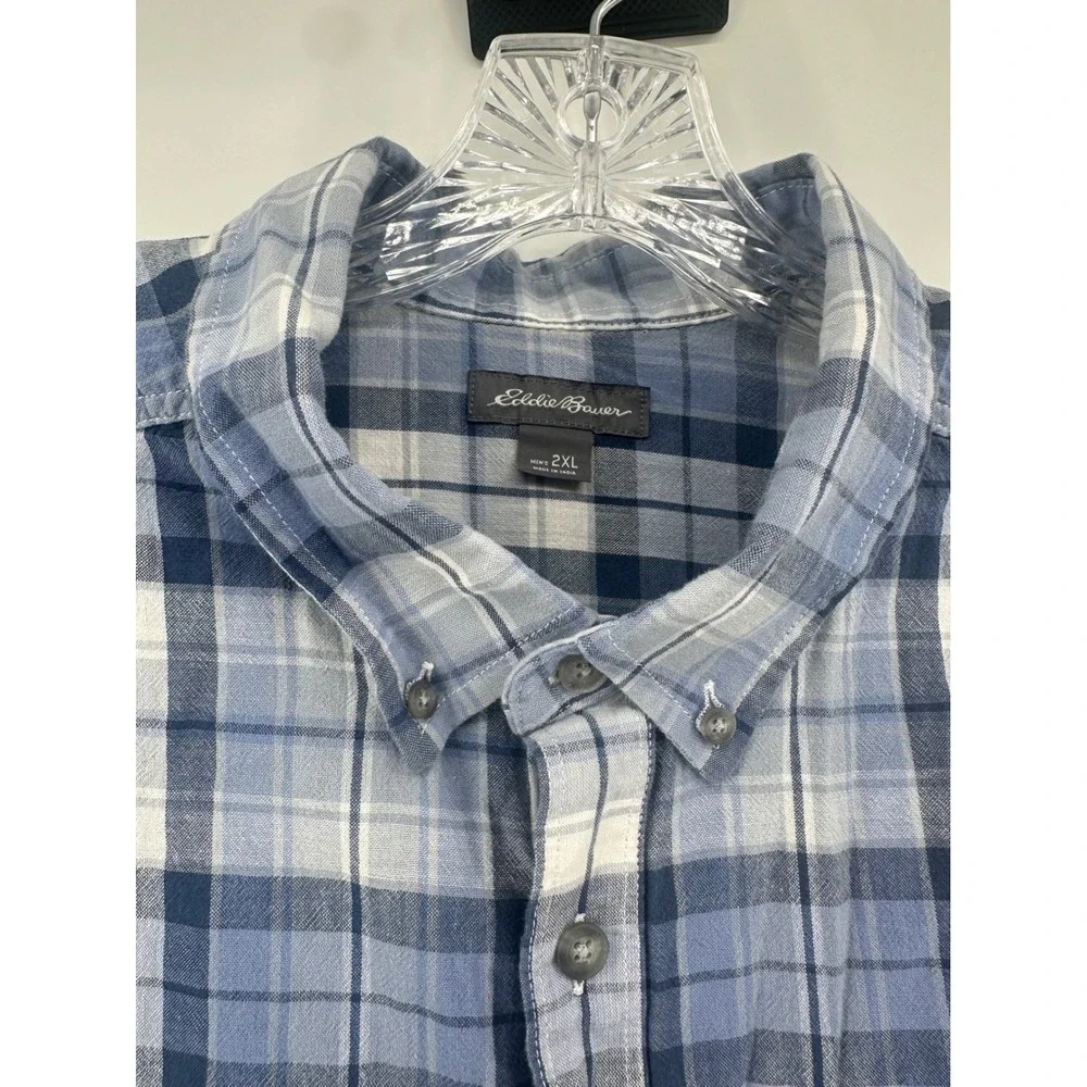 Eddie‎ Bauer Mens 2XL Blue White Plaid Short Sleeve Cotton Button Down Shirt
